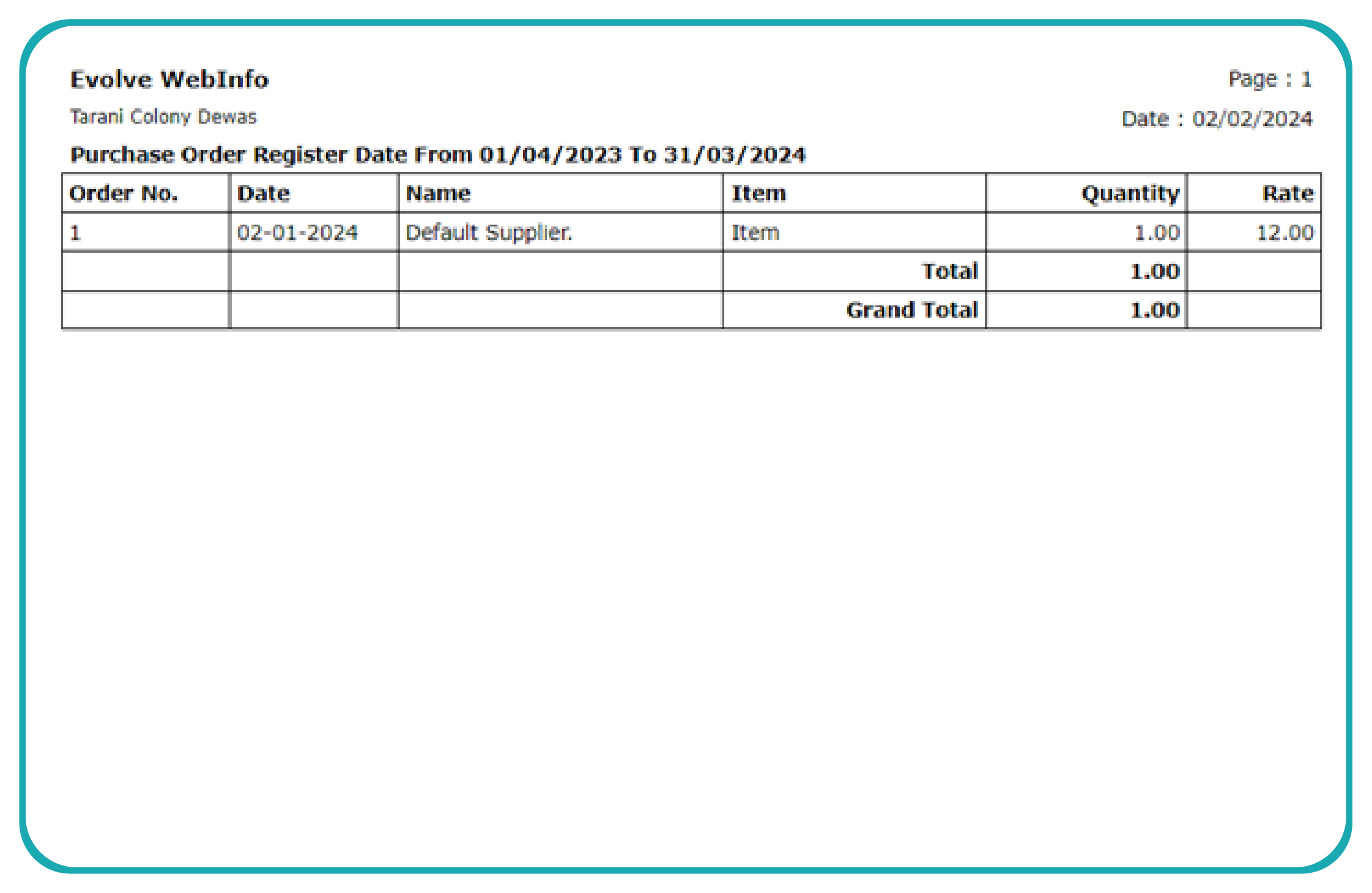 Purchase Order Register Report